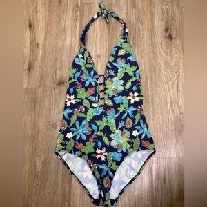 Tory Burch Navy Floral Halter One-Piece Swimsuit